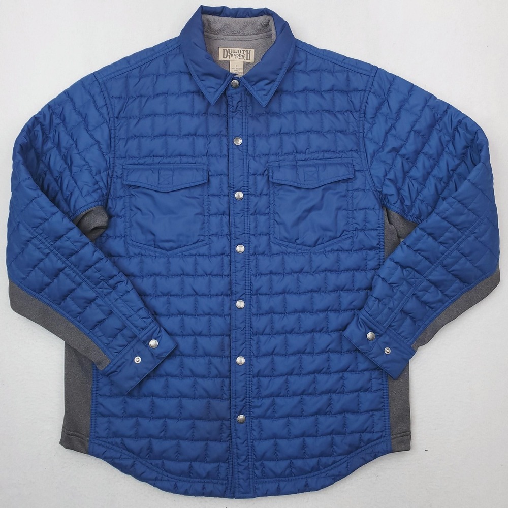 Duluth Trading Shirt Jacket Mens Large Blue Quilted Puffer Thinsulate Snap Front